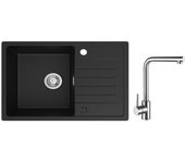 Fregadero de 1 seno de cuarzo y resina - fregadero negro con escurridor 78x45 cm + mezclador de lavabo cepillado giratorio 360°