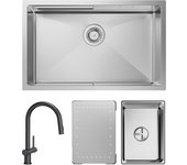 Fregadero de cocina cecipa max 1 seno 70×44 cm fregadero encastrable de inox cepillado con escurridor y lavabo + mezclador negro con ducha extraíble