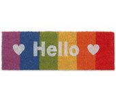 Relaxdays felpudo coco, arcoíris, palabra hello y corazón, 75x25, alfombrilla entrada, resistente, exterior, multicolor