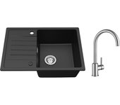 Fregadero encastrable de 1 seno con escurridor negro, cuarzo y resina, 65x45 cm + grifo de cocina monomando de acero inoxidable cepillado