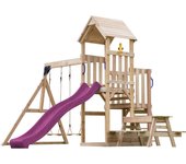 Axi mette parque infantil de madera con 2 columpios, tobogán morado, mesa de picnic / parque infantil al aire libre con columpios / arenero /