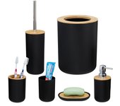 Relaxdays accesorios de baño 6 piezas, dispensador jabón, vaso, portaescobillas, bambú, plástico, negro