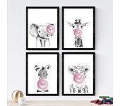 Set de 4 láminas de animales infantiles con chicle rosa,en , poster papel 250 gr marco sin marco - a4