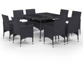 Vajilla de jardín 9 piezas resina trenzada y cristal negro