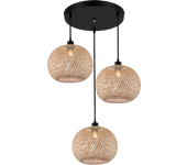Lámpara colgante de techo de metal color negro y 3 tulipas de mimbre color beige natural. e27 40w. ref. 1089-3