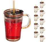 Relaxdays set de 10 vasos, jarras para beber con tapa y pajita, jarritas batidos y zumos 450 ml, con asa, marrón claro