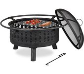 Relaxdays brasero exterior, parrilla y protección antichispas, atizador, rejilla de carbón, ø 75 cm, negro y plateado