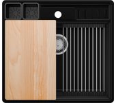 Primagran fregadero cocina negro 58x53cm, fregadero granito 1 seno + sifón + accesorios, fregadero sobre encimera al mueble 60cm - new york