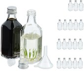 Relaxdays pack botellitas de cristal, 20 mini botellas para rellenar, 50 ml, tapa rosca y tapón, transparente/plateado