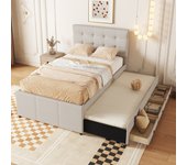 Cama nido 90 x 190/200 cm con cabecero regulable - 3 cajones - tela de lino - somier de láminas - beige (sin colchón)