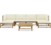 Set de muebles de jardín 7 piezas bambú y cojines blanco crema