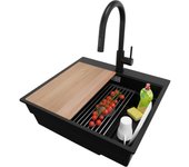 Primagran fregadero granito negro 58x53cm, fregadero cocina 1 seno + sifón + accesorios, fregadero sobre encimera al mueble 60cm - oslo max