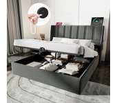 Cama contenedor 140 x 200 cm con cabecero - tomas usb/tipo c - tela de lino - gris (sin colchón)