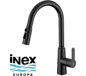 Grifo extraíble metálico profesional pro con acabado negro para fregadero de cocina, con monomando, válvula cerámica y cabezal extraíble.