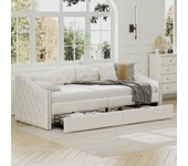 Cama tapizada 90x200 cm con cabecero y 2 cajones, sofá cama - tejido de lino y mdf - beige (sin colchón)