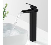 Grifo de baño cascada negro mate, mezclador de lavabo cascada alto, agua fría y caliente disponible, con manguera de entrada de agua de 80 cm