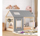 Cama-cabaña de madera de pino 90x200cm - cama infantil con techo y ventana y somier - natural