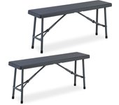 Relaxdays 2 bancos plegables con efecto de ratán jardín, acero y plástico, camping, balcón o terraza, 42x102x25 cm, gris
