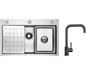 Fregadero de 1 seno de 70 x 45 cm de acero inoxidable plateado con escurridor, lavabo, dispensador de jabón + grifo mezclador de cocina negro