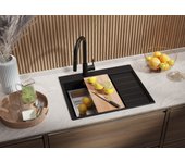 Primagran fregadero cocina negro metallic 62x50cm, fregadero granito 1 seno + sifón + accesorios, fregadero sobre encimera al mueble 45cm - sydney