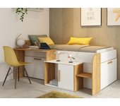 Cama alta 90 x 200 cm con escritorio y almacenamiento - color: blanco y natural + somier + colchón - pedro
