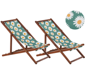 Beliani conjunto de 2 hamacas plegables anzio con telas de recambio motivo floral madera de acacia marrón oscuro