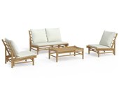 Set de muebles de jardín 4 piezas bambú y cojines blanco crema