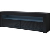Mueble tv con led | mueble de televisión | mueble de salón | 2 puertas | 140x50x35cm | modelo aker | negro acabado en brillo