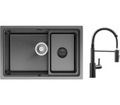 Fregadero de cocina de 1 seno de 68 × 43 cm, color negro, con lavabo empotrado y grifo mezclador de cocina con resorte negro y rociador extraíble