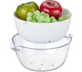 Relaxdays colador con bol circular, plástico, para lavar frutas y verduras, escurridor pasta, asas, transparente/blanco