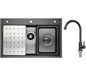 Fregadero de cocina 1 seno 70×45cm + escurridor + lavabo + dispensador de jabón + grifo de cocina de agua fría, negro