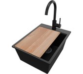 Primagran fregadero granito negro metallic 38x50cm, fregadero cocina 1 seno + sifón + accesorios, fregadero sobre encimera al mueble 40cm - oslo