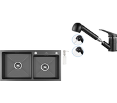 Fregadero cocina 2 bandejas,negro,75x45x19cm, empotrado/para colocar con distrigoleador jabón+grifo cocina negro con ducha extragible 2 jets a 360°