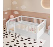 Cama infantil 140 x 200 cm sin somier, estructura de cama de madera con barrotes y puerta, pino + contrachapado + mdf - blanco