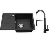 Fregadero cecipa max 1 seno con escurridor, fregadero de cuarzo y resina negra 65x45cm + mezclador de cocina spring con 3 salidas de agua, negro