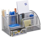 Relaxdays organizador de escritorio malla con 6 compartimentos, metal, plateado, 12.5 x 27.5 x 14 cm