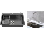 Lonheo max fregadero de cocina negro 68x45x19cm con distributor jabón y escurridor cesta+mezclador cuisine de acero inoxidable 304 abatible girante