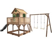 Axi casa de juegos liam con arenero, columpio doble y tobogán gris | casa zancudo xxl en marrón y verde de madera fsc para niños | torre de juegos con