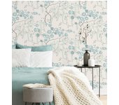 Papel pintado vinílico ecológico rosas celeste y verde agua fondo claro - olivia bloom 679680 de gaulan - rollo de 10 m x 0,53 m