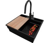 Primagran fregadero granito todo negro 58x53cm, fregadero cocina 1 seno + sifón + accesorios, fregadero sobre encimera al mueble 60cm - new york
