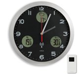 Estación meteorológica reloj de pared fishtec, pantalla digital: previsiones + temperaturas interior/exterior + higrómetro interior, radiocontrolada