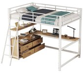 Cama litera 140x200 cm con estructura metálica, escritorio en l, cajones prácticos, diseño en laminado, blanco