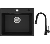 Cecipa max fregadero de cuarzo negro 50x45cm fregadero de 1 seno de cuarzo y resina + grifo de cocina con ducha extraíble, 3 modos de salida de agua