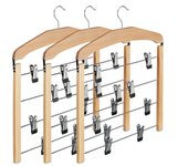 Relaxdays percha múltiple de madera, antideslizante, pantalones, faldas, pack de 3, hxlxp: 45,5x39x2,5 cm, plata/natural