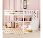 Cama altillo infantil de 140 x 200 cm con 4 cajones y escritorio, madera de pino, blanco