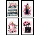 Set de 4 pósteres de maquillaje y cosmética impresión belleza flores bolso perfume lápiz labial para decorar paredes del tocador baño a3 marco negro