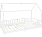 Ml-design cama infantil 90x200cm con reja protectora techo y somier estructura listones de madera de pino maciza color blanco diseño creativo mueble d