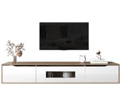 Mueble de tv laqueado brillante, blanco y madera natural, 180x35x30 cm.