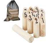 Relaxdays kubb juego, ajedrez vikingo, piezas madera, exterior, con números, para adultos y niños, con bolsa, natural