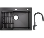 Fregadero cecipa max 1 de inox con escurridor - fregadero negro 60×45cm + grifo de cocina monomando con ducha extraíble con 2 tipos de chorro negro